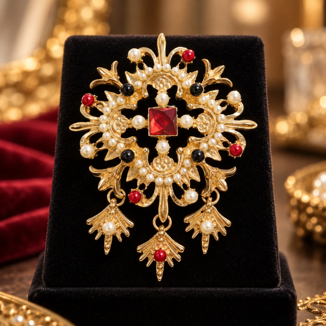 baroque pearl ruby metal brooch front view