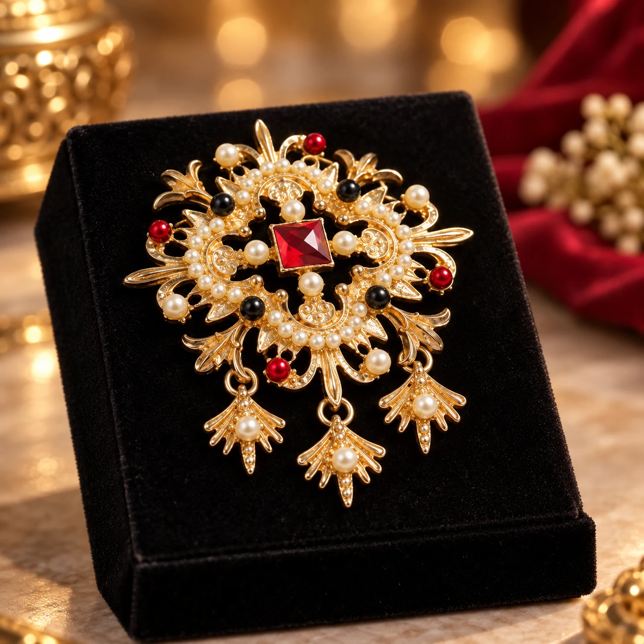 baroque pearl ruby metal brooch side view