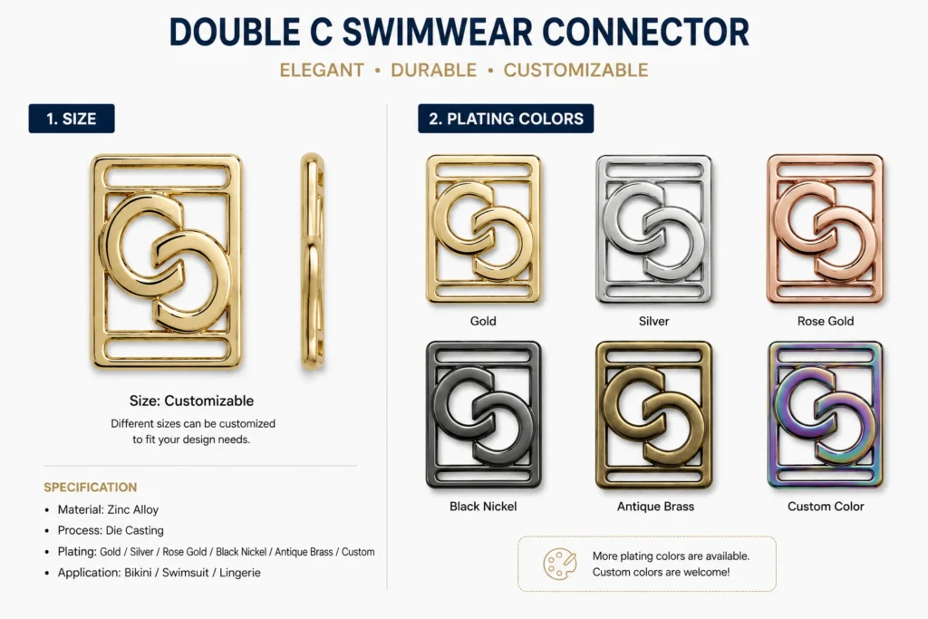 custom double c swimwear connector size plating options