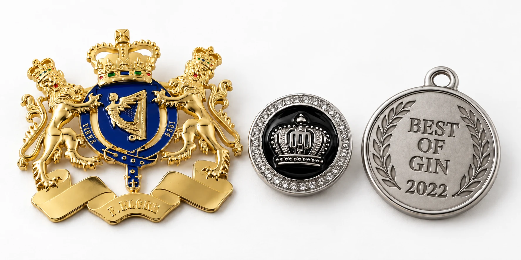 custom metal badges product display white background