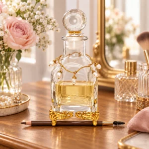 decorative glass perfume bottle on wooden vanity table