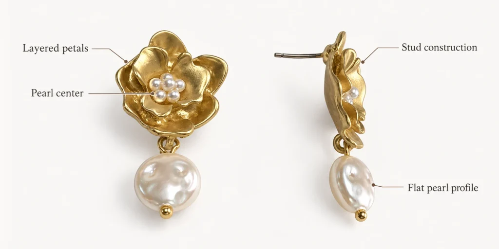 gold flower pearl drop earring structure details