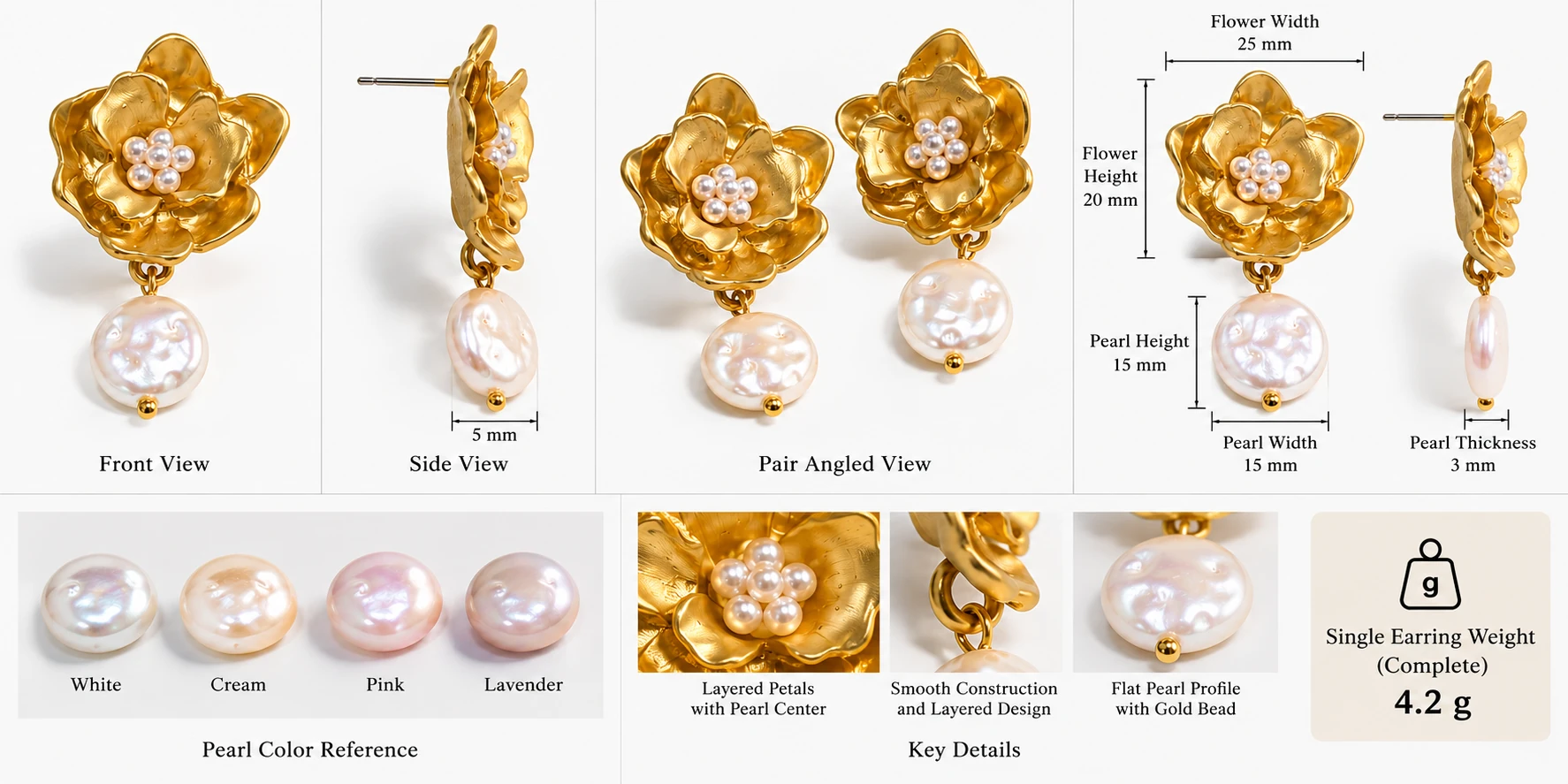 gold flower pearl drop earrings dimensions weight specifications