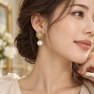 gold flower pearl drop earrings lifestyle