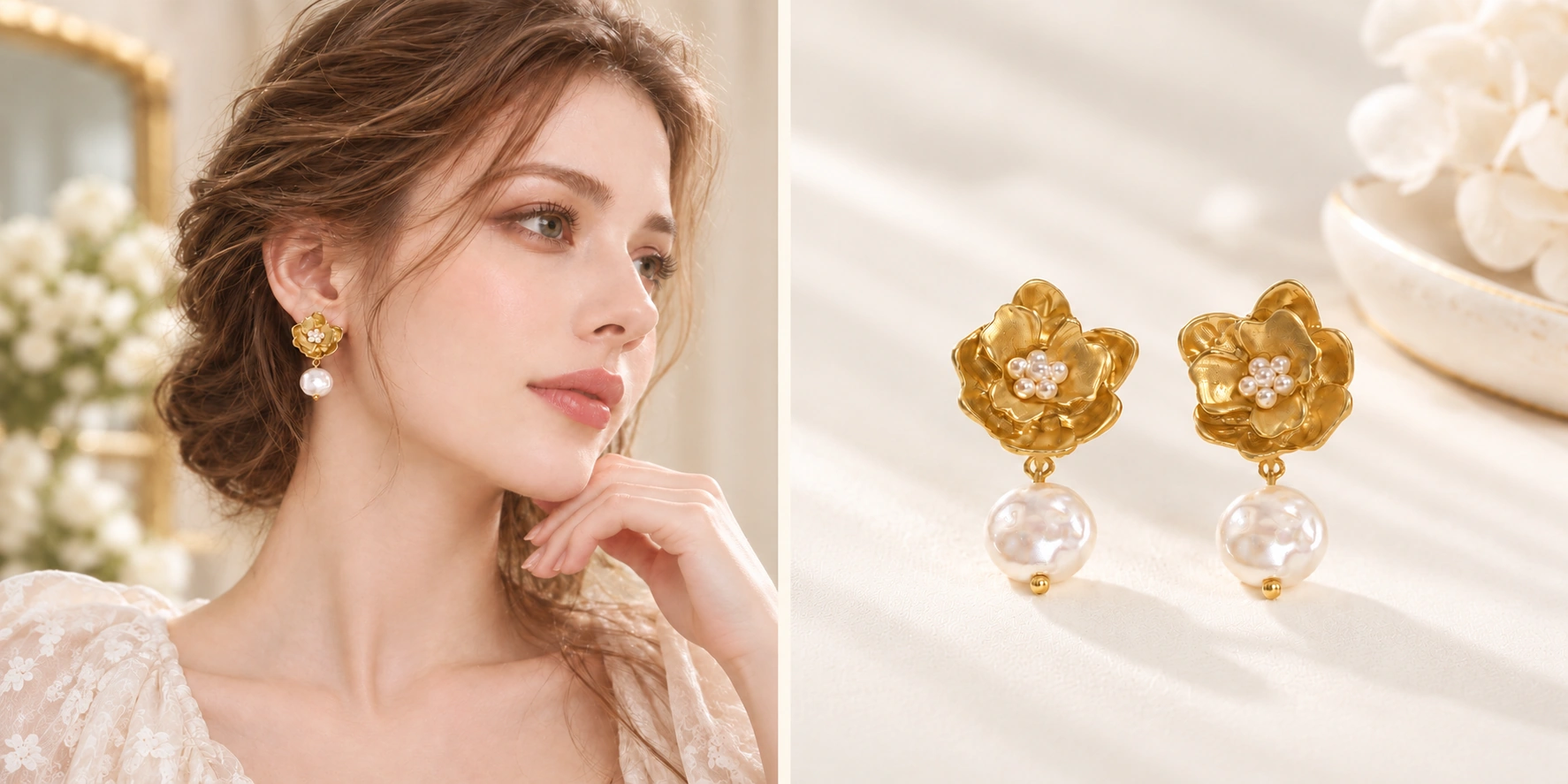 gold flower pearl drop earrings lifestyle and front view