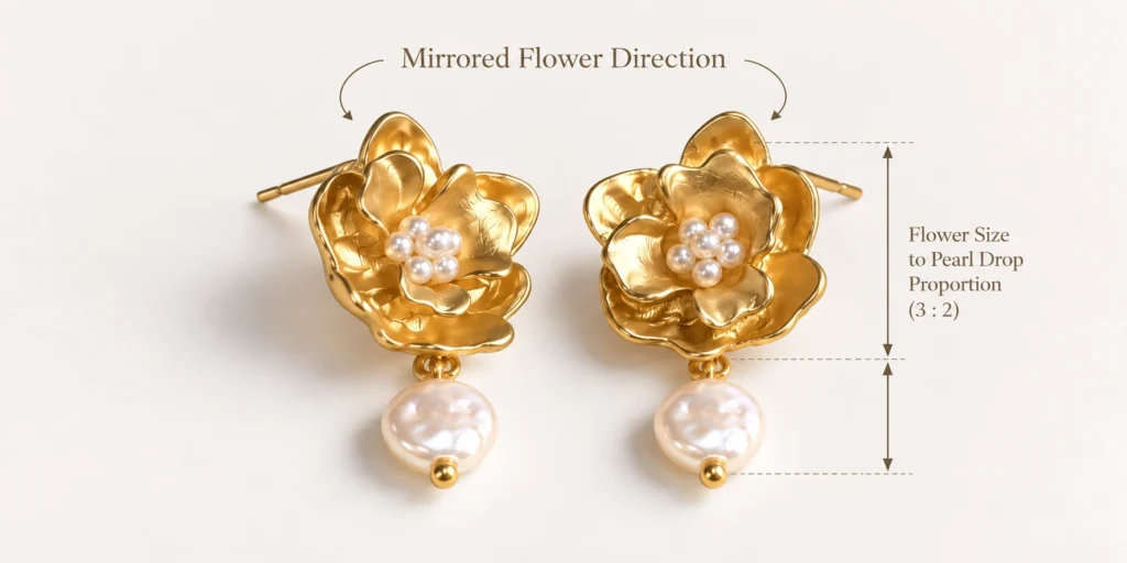 gold flower pearl drop earrings mirrored design 3 2 proportion