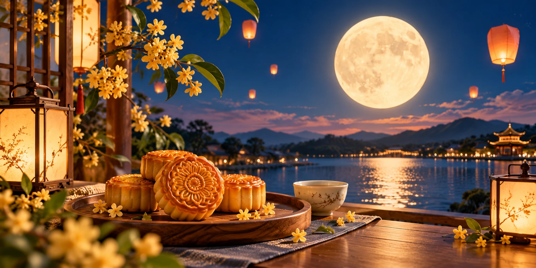 mid autumn festival full moon mooncakes lanterns