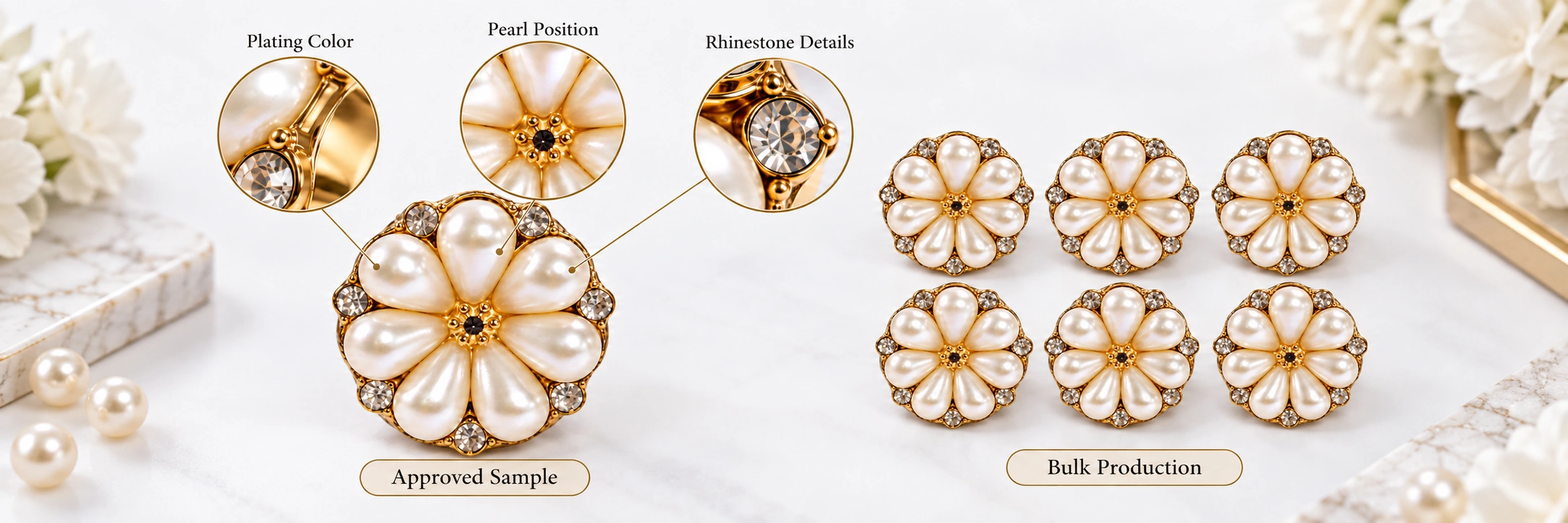 pearl rhinestone flower metal ornament quality inspection board