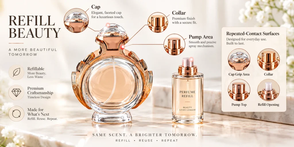 refillable perfume bottle refill system components