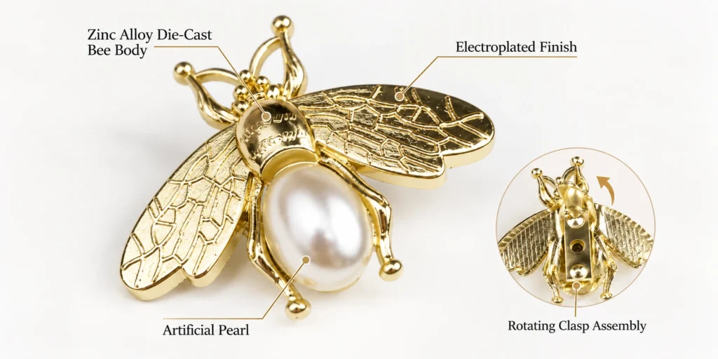 zinc alloy die cast pearl bee brooch structure