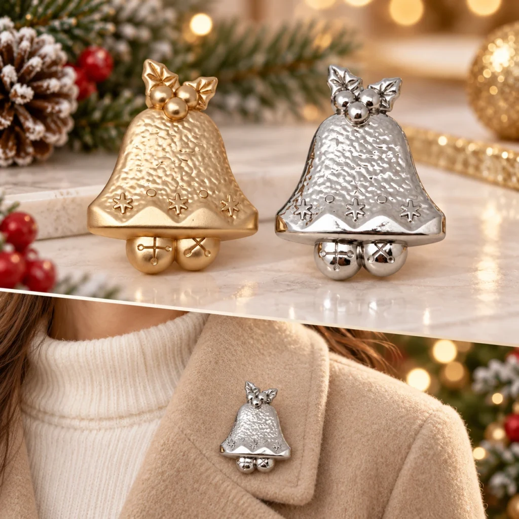 christmas bell brooch winter coat lifestyle