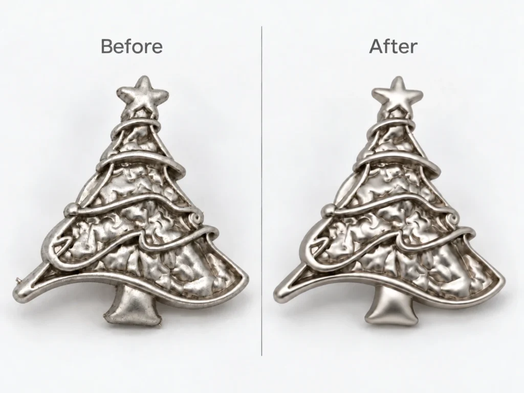 christmas tree brooch before after polishing comparison