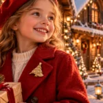 christmas tree brooch girl winter coat lifestyle