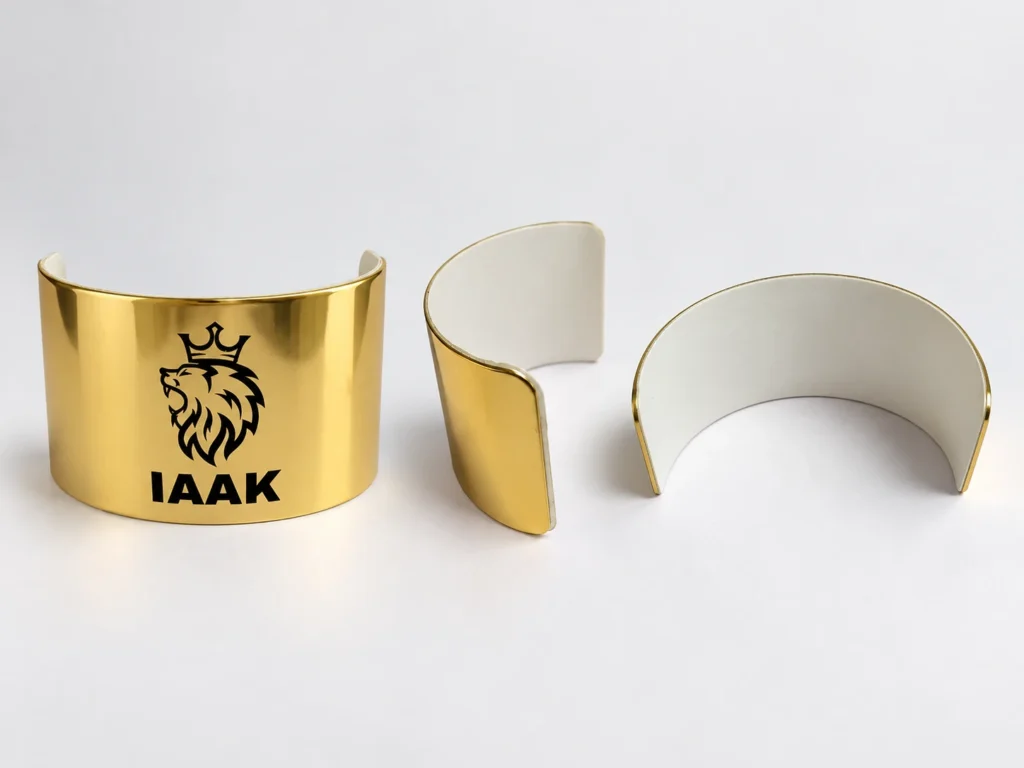 custom curved metal bottle label three view