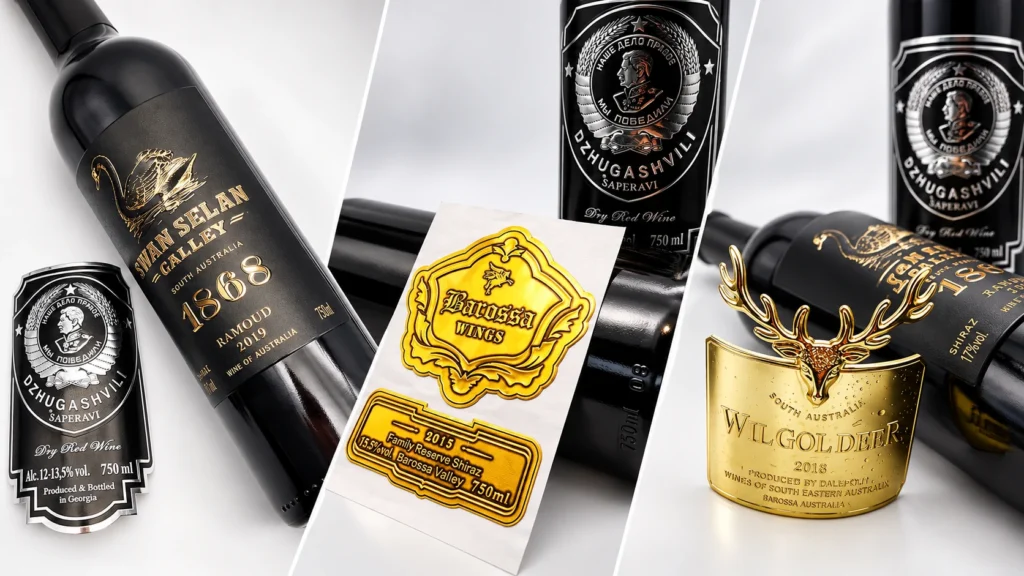 custom wine bottle metal labels collage