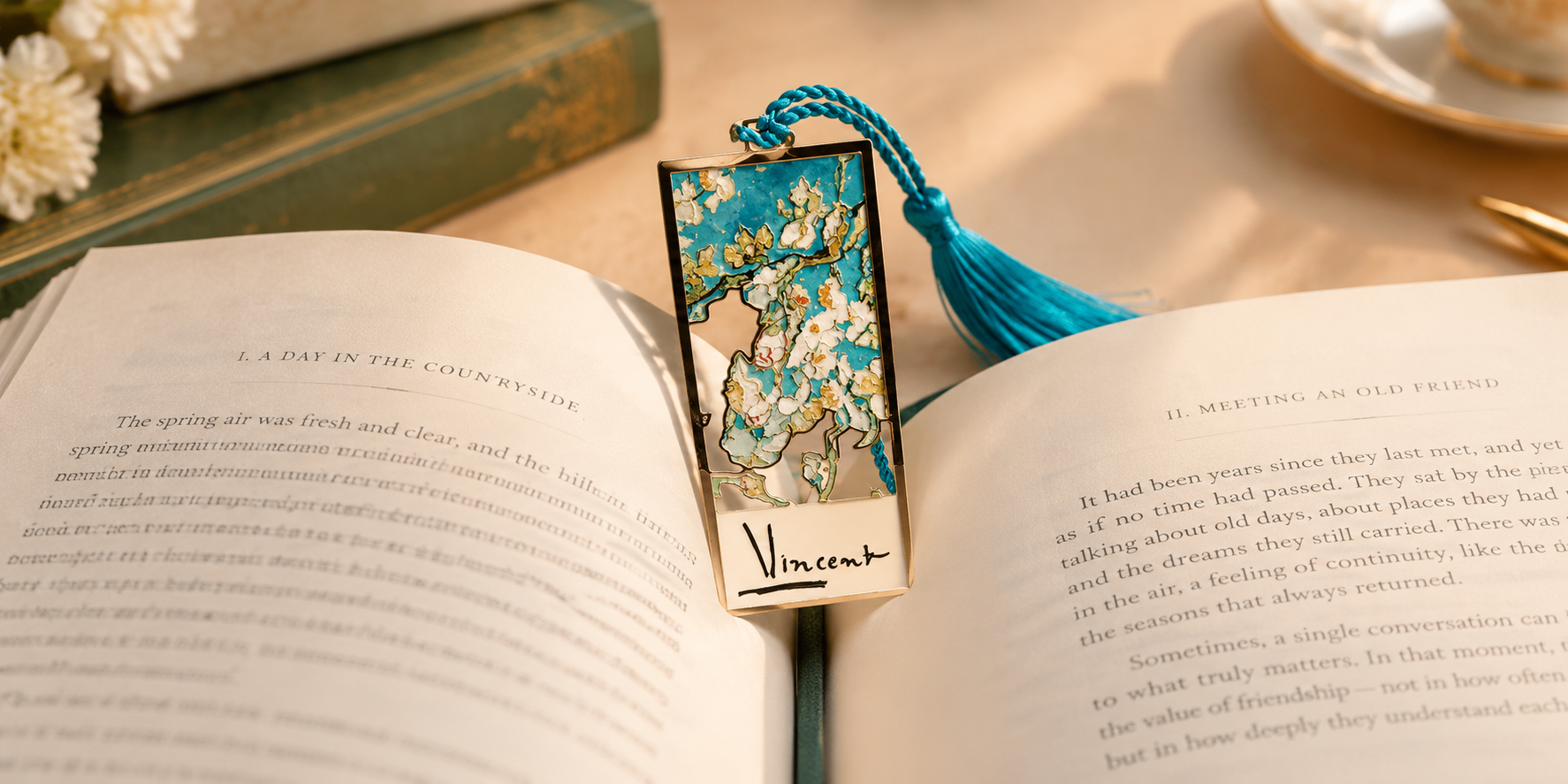 enamel metal bookmark in book center fold