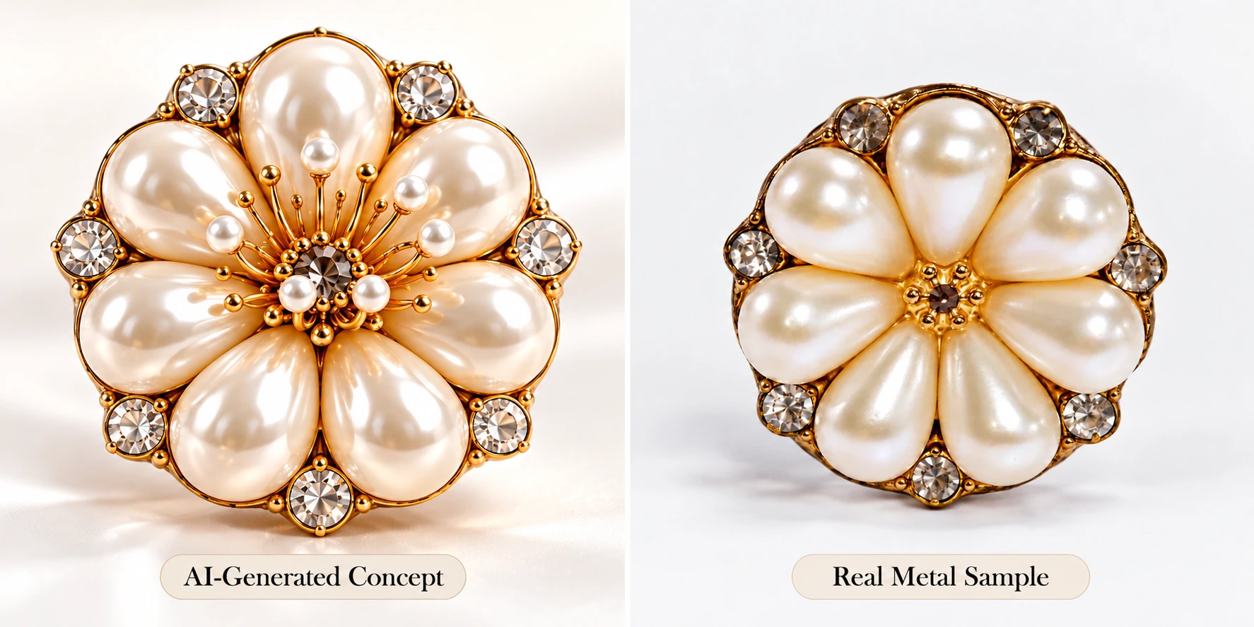 pearl flower brooch ai concept vs real metal sample