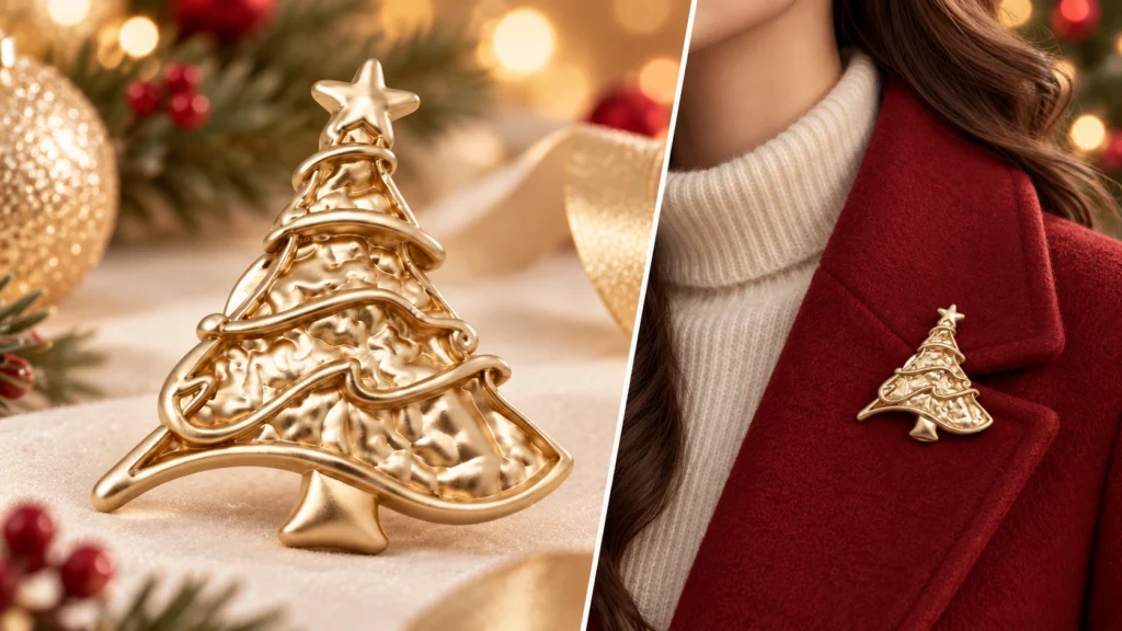 vintage christmas tree brooch winter coat lifestyle