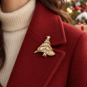 vintage christmas tree pin brooch red coat wearing