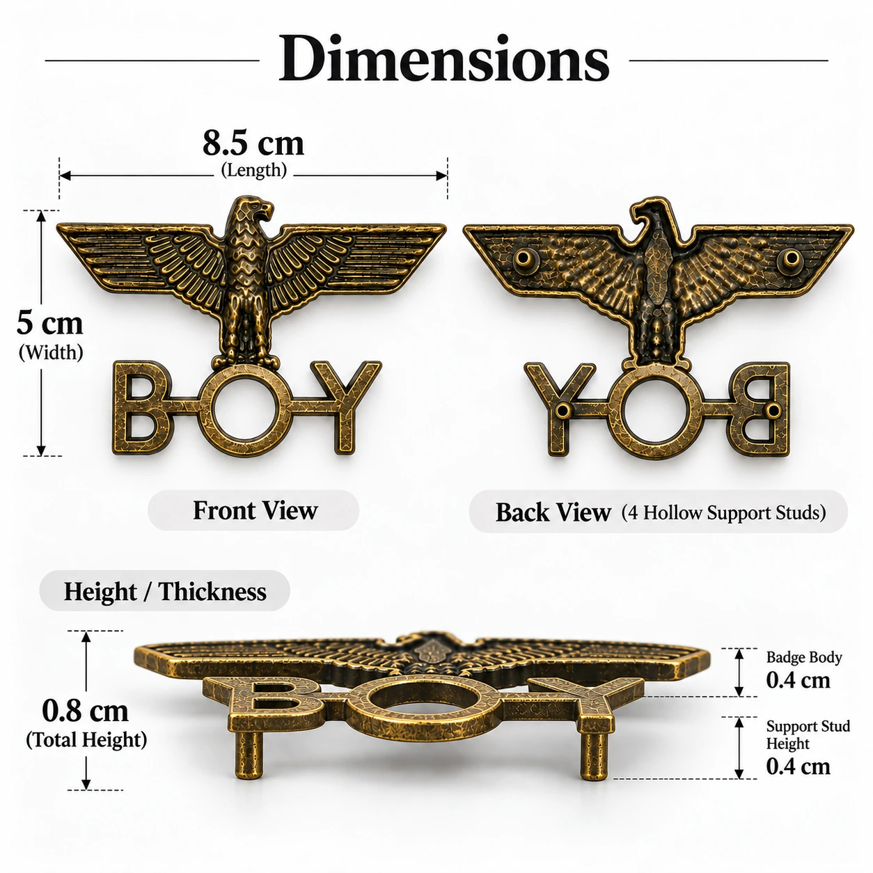 vintage eagle boy metal badge dimensions hollow support studs