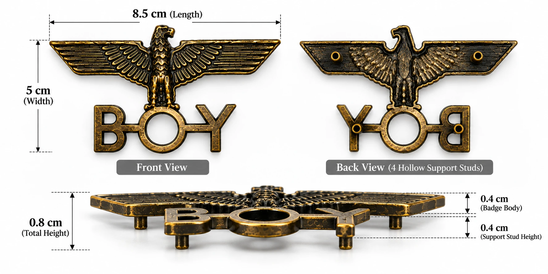 vintage eagle boy metal badge dimensions support studs