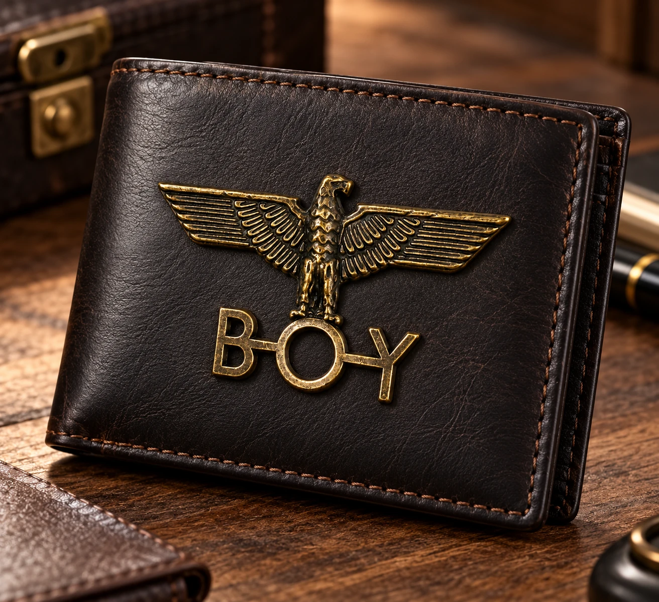 vintage eagle boy metal badge mens leather wallet