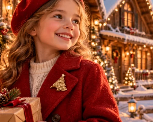 christmas tree brooch girl winter coat lifestyle