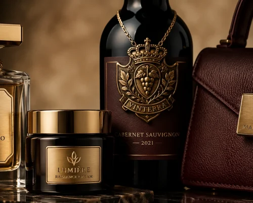 custom metal labels perfume cosmetics wine fashion packaging closeup