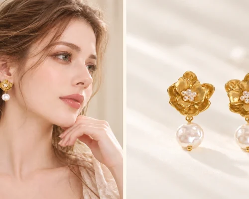 gold flower pearl drop earrings lifestyle and front view